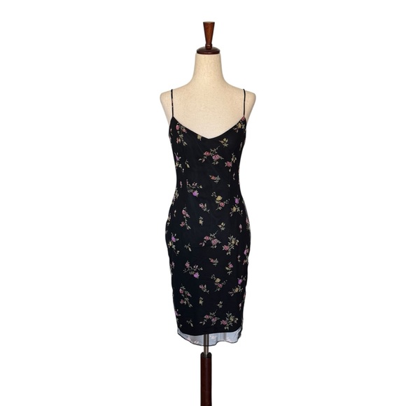 Vintage 90s Laundry Black Mesh Embroidered Beaded Floral Slip Bodycon Dress sz 4 - Picture 2 of 11